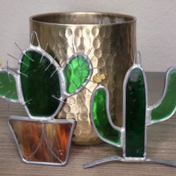 Bargain Blast! Stained glass  Cactus Suncatcher style W/ Beaded Flower Detail. Signed. Set Of 2