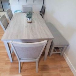 ✅️✅️ 6 pc light finish wood  dining table set padded seat chairs and bench ✅️