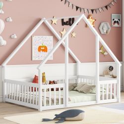 Eydis Full Size Wood House-Shaped Floor Bed with Fence