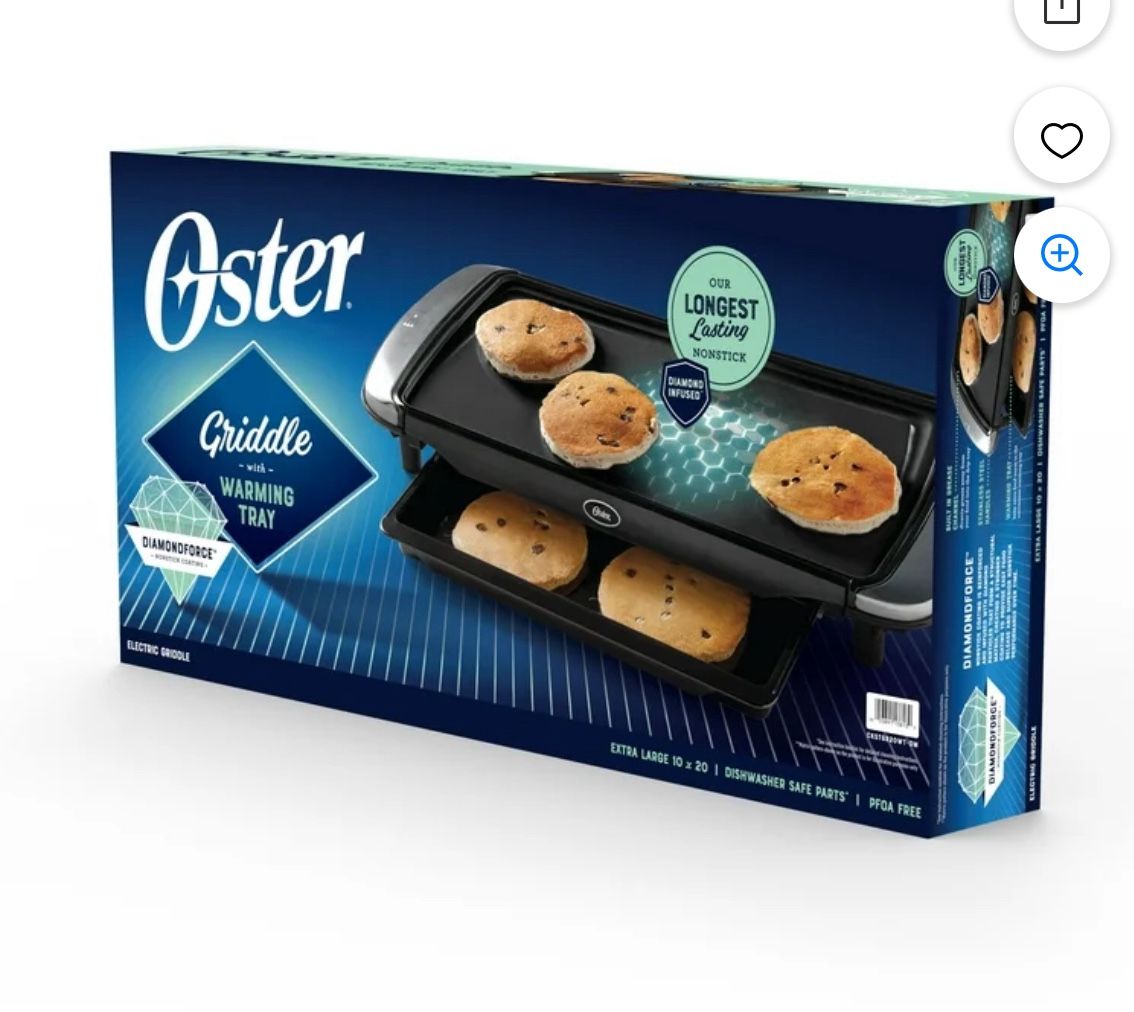 Oster DiamondForce Nonstick Electric Griddle with Warming Tray, 10" x 20", Black, 1500W (Watts), 1 Each