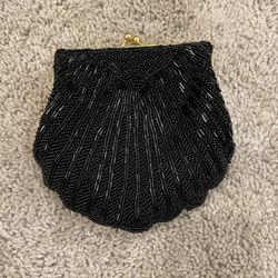 Solid Black Beaded Crossbody Shell Coin Purse Bag with Gold Chain Strap & Mirror