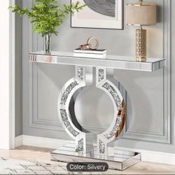 Long Modern Silvery Console Table with Crushed Diamond Inlay