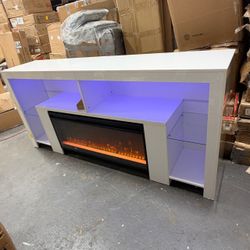 82.7" Modern High Gloss Fireplace TV Stand with 42" Fireplace, Entertainment Center with Electronic Flame and LED Lights, TV Console Cabinet, White