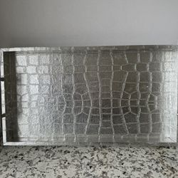 Reptilian Print Serving or Vanity Tray Silver w/ Silver Tone Handles