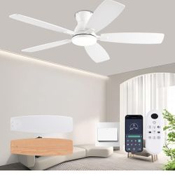 52inch Ceiling Fans with Lights, Low Profile Ceiling Fan with Light and Remote Control/APP Control, DC Reversible Motor, Noiseless, Flush Mount White 