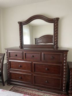 Brown Bed+Dresser with mirror+ Mini Dresser