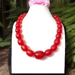 Gorgeous Vintage Style Red Amber Resin  Beads Necklace 19”inch & 122 grams.