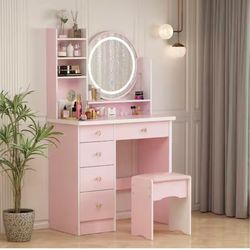Pink Vanity Set with Mirror, Stool, Drawers and Storage Shelves