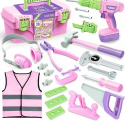Kids Tool Set with Electric Toy Drill Tool Box Pink Toddler Tools