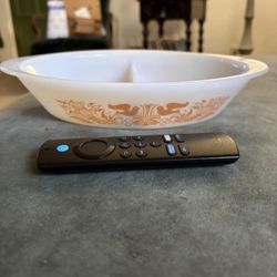  Glasbake J2352 oval divided serving dish with the orange "Cornucopia Bird" pattern. J