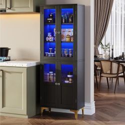 65'' LED Kitchen Pantry Storage Cabinet with Adjustable Shelves , Art Display Cabinet with Acrylic Transparent Doors