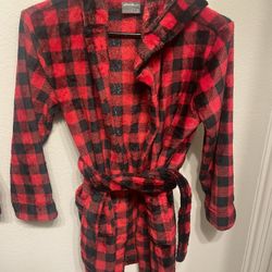 Eddie Bauer Youth Red Plaid Hooded Robe With Tie, Small