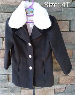 ❤️ CAT & JACK, Navy Blue, Pea Coat, Fully Lined, Warm & Cozy Jacket with Detachable Faux Fur Collar & Large Sparkly Buttons! 😆❤️🧥 Size: 4T 