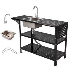 55-inch outdoor stainless steel sink workstation with a foldable side table, three-tier storage rack, full-hole drainage.