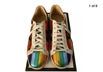 Authentic Gucci New Ace Metallic Rainbow Leather Women Sneakers Size US 7.5