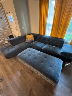 Modern Blue Modular Sectional Sofa with Ottoman with drapes, and pillows