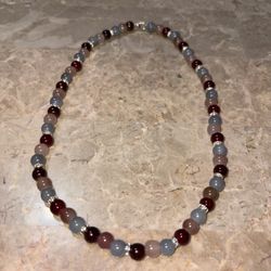 NWOT Trendy Gray,Beige, Necklace With Glass Beads & Silver Rhinestones Spacers