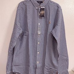 $98 NWT Ralph Lauren Slim Fit Mens  Long Sleeve 100% Cotton Plaid Shirt XL Blue Checked 