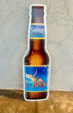 Shiner Blonde beer bottle metal bar sign