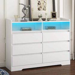 White 6 Drawer Dresser, Modern Storage Cabinet with LED Lights and Open Shelves for Bedroom, 6 Chest of Drawers Wood Organizer for Living Room, Closet