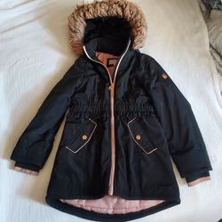 Michael Kors Girl's Coat Size 7/8 In Black With Rose Gold Hardware & Detachable Faux Fur Lined Hood