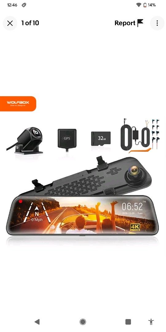 WOLFBOX 12" G840S Mirror 4K Dash Cam Backup Camera 2160P Full HD Free SD & GPS