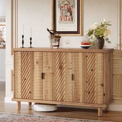 Solid Wood Buffet Cabinet with Storage, Farmhouse Sideboard Cabinet with 3 Doors and 2 Adjustable Shelves, Mid Century Modern Sideboard Storage for Ki