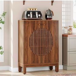 New assembled Sideboard Cabinet with Storage, Wooden Buffet Cabinet with Round Louvered Doors & Removable Shelves for Kitchen, Living Room, Dining Roo