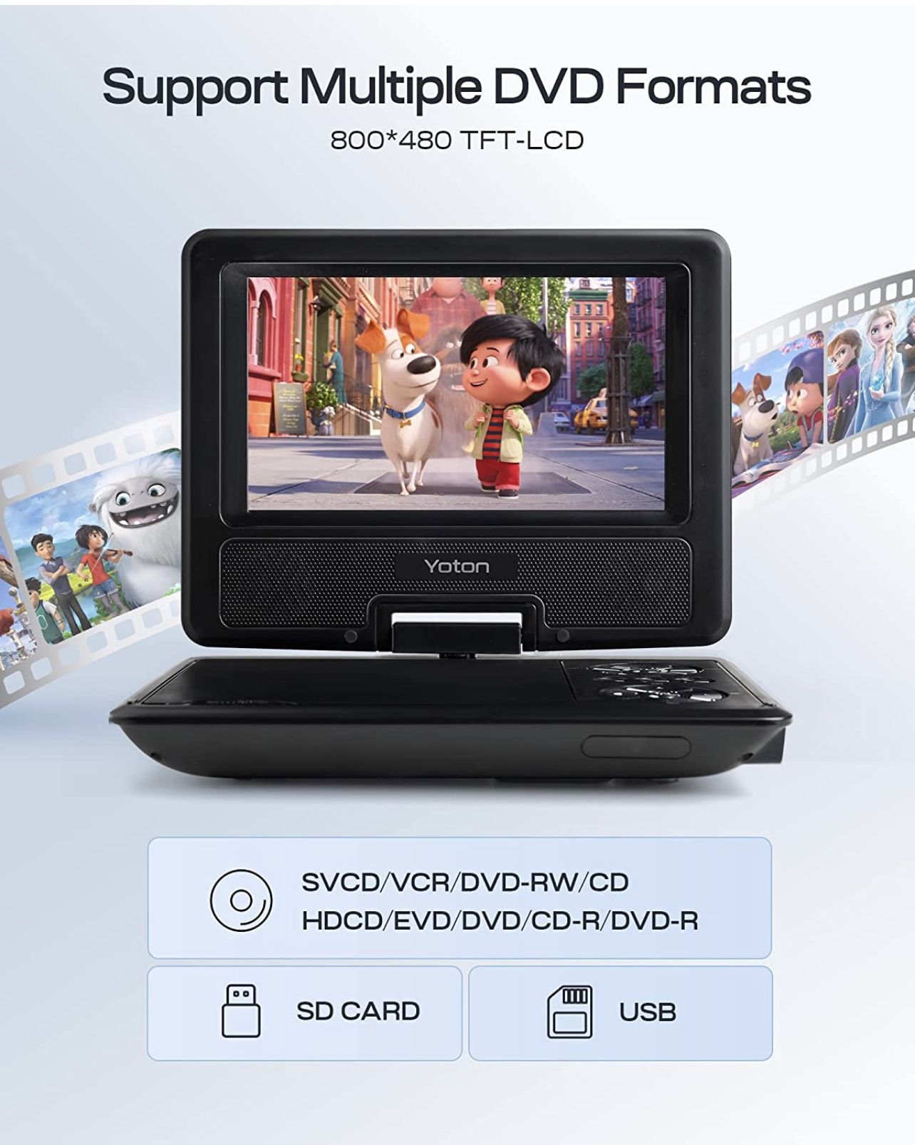 YOTON 12.5" Portable DVD Player with 10.5" HD Swivel Screen for Car and Kids, with Car Charger and AC Adaptor, Supports 4-6 Hours Built-in Battery and