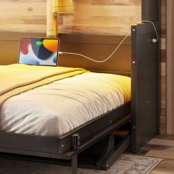 Queen Size Murphy Bed with a desk, USB Charging Station,LED Lights,Dark Gray