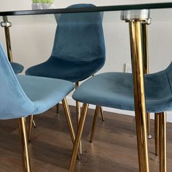 Blue Gold Modern Velvet Glass Dining Set