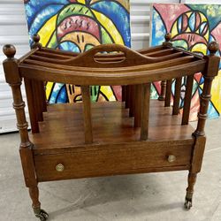 Vintage Mahogany Magazine Rack With Drawer on Casters