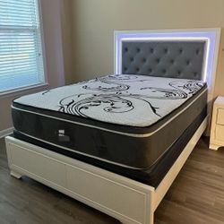 Brand New/ White LED Upholstered Bed Frame Queen Cama//Mattress Sold Separately 