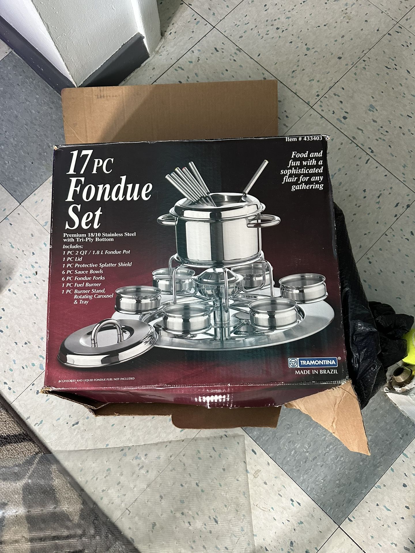 17 piece Stainless Steel Fondue Set by Tramontina w/rotating carousel and tray