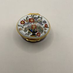 VTG crummles Gold hinged Enamel oval trinket box Burgandy with floral bouquet