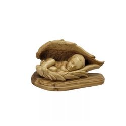 Olive Wood Carved Sleeping Baby Jesus in Heavenly Angel Wings 8⅞"L Rare