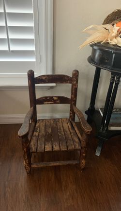 Antique retro vintage chippy finish rustic child’s wooden chair. Sturdy. Unique. Shabby chic.