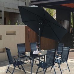 8-Piece Outdoor Patio Dining Set with Tilting Umbrella, Glass Table, & Folding Chairs