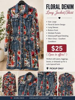 Floral Denim Long Jacket Shirt Size Large