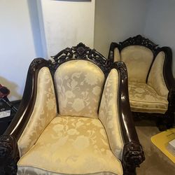 Set of vintage Chinese style chairs (gold satin stitch, hand carved wood)