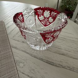 Vintage Anna Hutte Bleikristall Germany Lead Crystal Red Cranberry Candy Dish