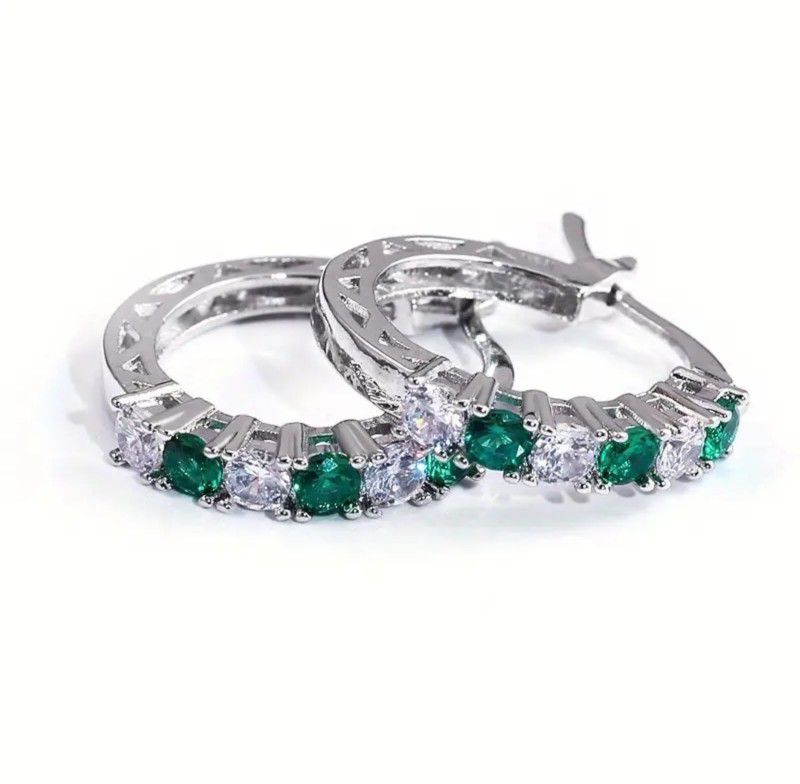 Delicate 14K White Gold Plated Green Emerald Cubic Zirconia Huggie Hoop Earrings 