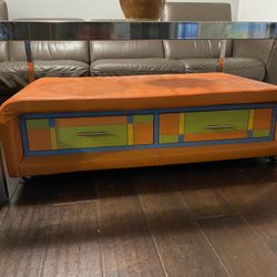 Leather Ottoman -Table With Two Rolling Chairs