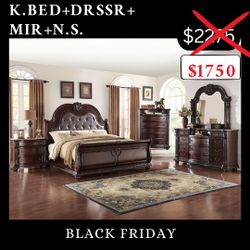 King Size Sleigh Bed Dresser Mirror Nightstand - Mattress Sold Separately 