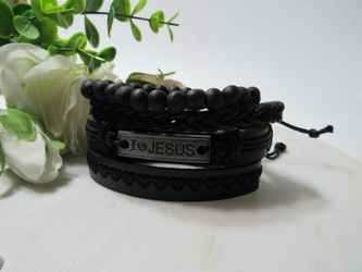 Adjustable Size up to 9.5inc Multilayer Leather Bracelet (Set of 4), I love Jesus