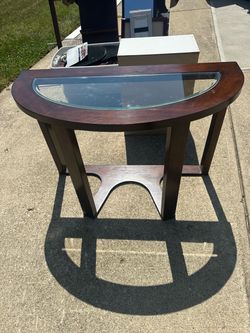 Half-Moon Demilune Console Table with Glass Top – Dark Cherry/Wood Finish