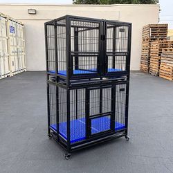 (NEW) $310 (Set of 2) Stackable Dog Cage 37x25x64” Heavy Duty Folding Kennel w/ Plastic Tray