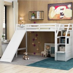 Twin Loftbed With Slide, Guardrails and Storage Stairs
