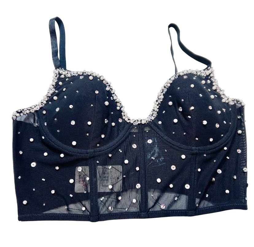 Windsor Halter Corset Top Large Black Spaghetti Strap Pearls Rhinestones New 
