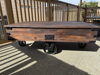 FirsTime & Co. Brown Factory Cart Coffee Table with Wheels, Vintage Center Table for Living Room, Rectangular, Wood, Farmhouse,